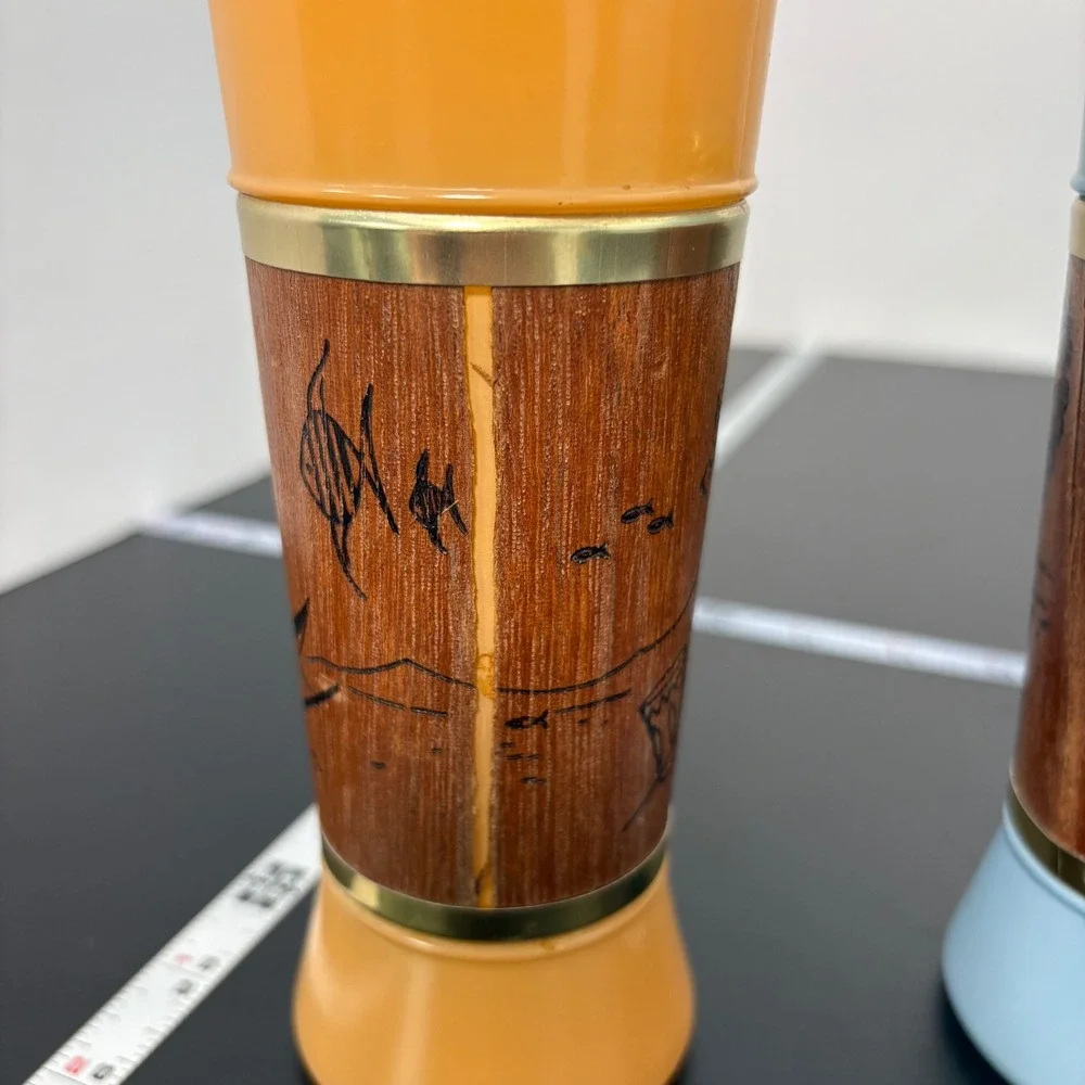 Vintage Siesta Ware Tiki Tumblers 6.5in Multi Color Genuine Mahogany Wood Set 4